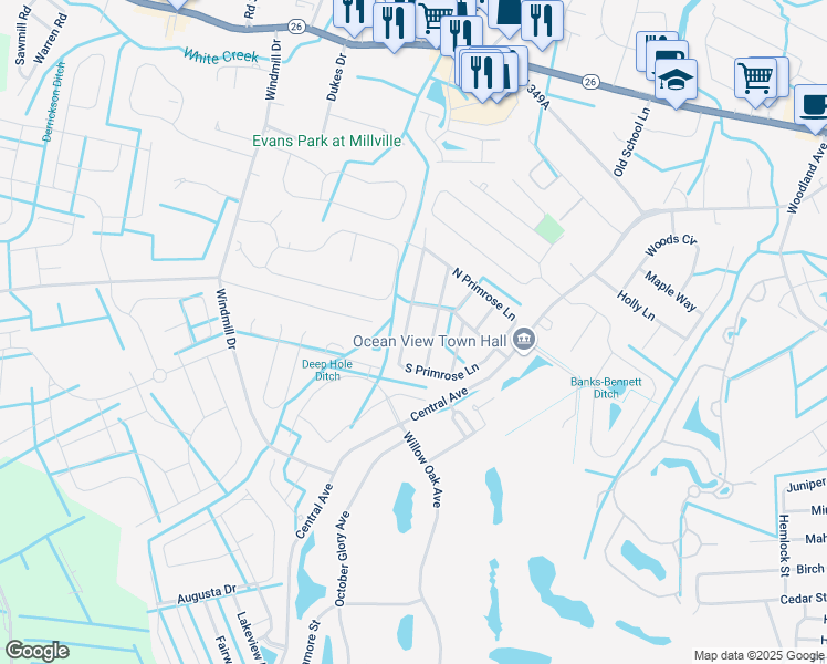 map of restaurants, bars, coffee shops, grocery stores, and more near 12 Windmill Lane in Ocean View