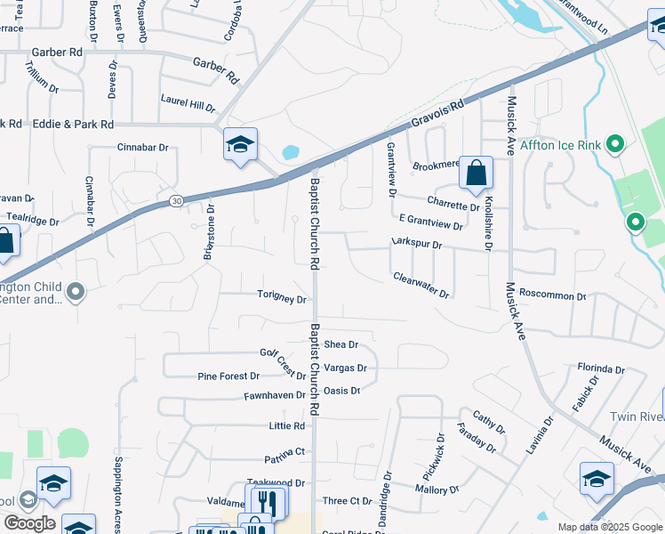 map of restaurants, bars, coffee shops, grocery stores, and more near 10900 Hampshire Manor Court in St. Louis