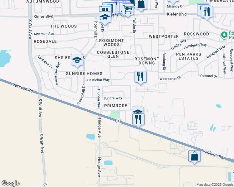 map of restaurants, bars, coffee shops, grocery stores, and more near 9325 Rose Parade Way in Sacramento