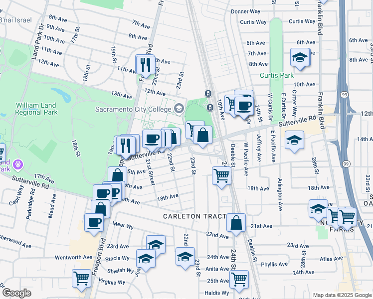 map of restaurants, bars, coffee shops, grocery stores, and more near in Sacramento