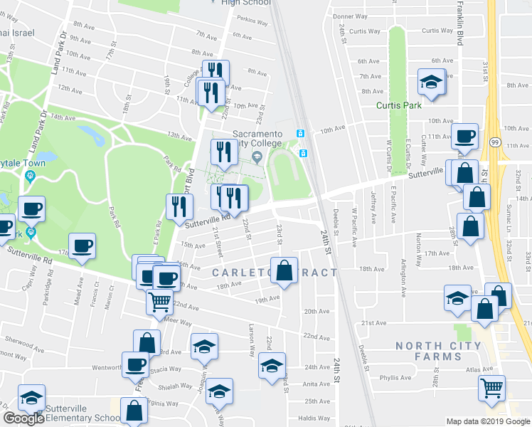 map of restaurants, bars, coffee shops, grocery stores, and more near in Sacramento