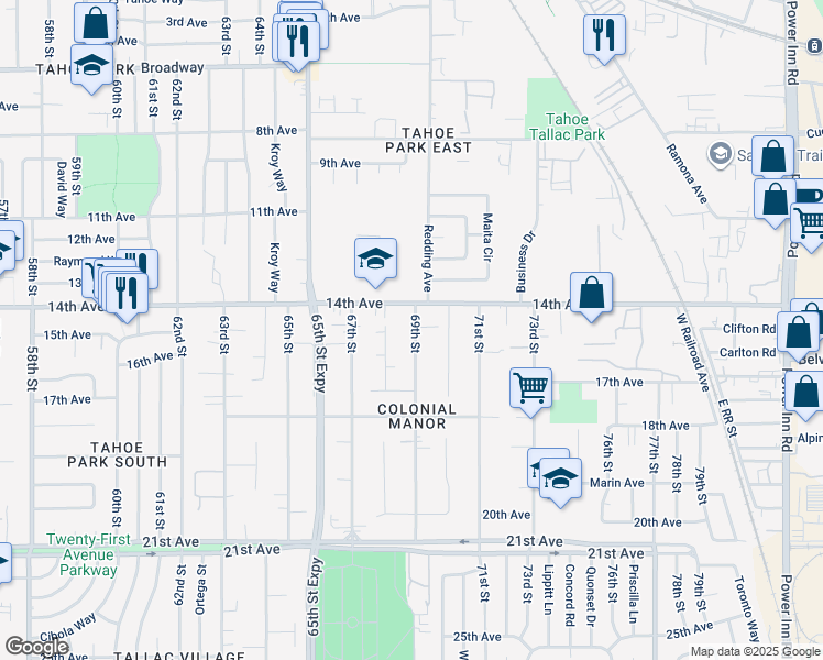 map of restaurants, bars, coffee shops, grocery stores, and more near 6900 14th Avenue in Sacramento