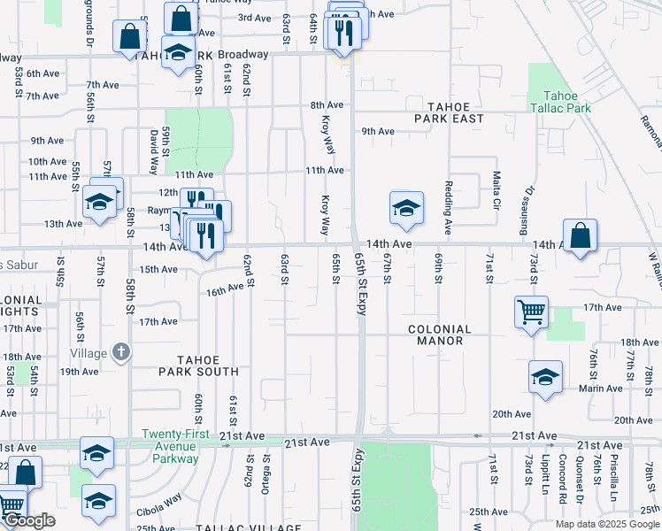 map of restaurants, bars, coffee shops, grocery stores, and more near 6410 14th Avenue in Sacramento