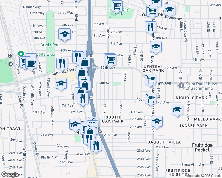 map of restaurants, bars, coffee shops, grocery stores, and more near 3900 33rd Street in Sacramento