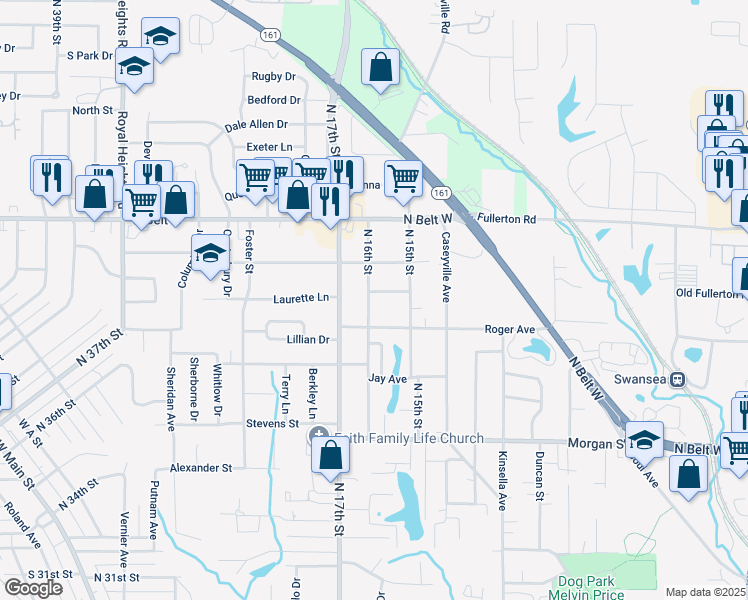 map of restaurants, bars, coffee shops, grocery stores, and more near 1507 Comer Avenue in Belleville