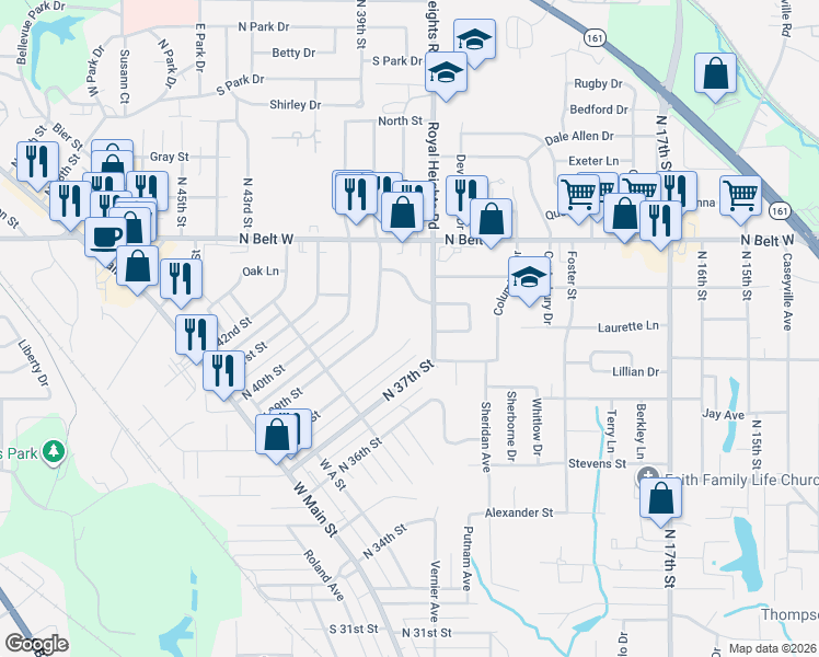 map of restaurants, bars, coffee shops, grocery stores, and more near 3704 Little Flower Lane in Belleville
