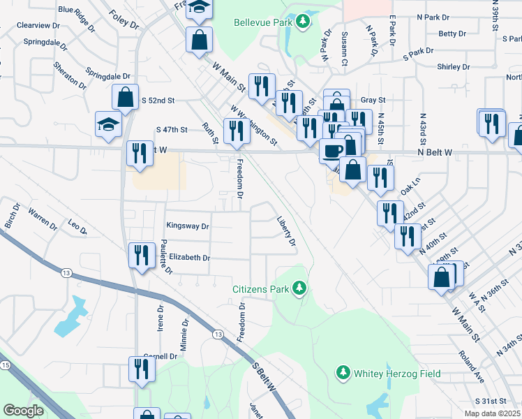 map of restaurants, bars, coffee shops, grocery stores, and more near 198 Liberty Drive in Belleville