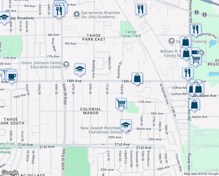 map of restaurants, bars, coffee shops, grocery stores, and more near in Sacramento