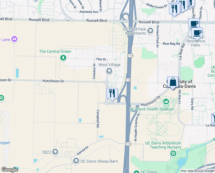 map of restaurants, bars, coffee shops, grocery stores, and more near Hutchison Drive in Davis