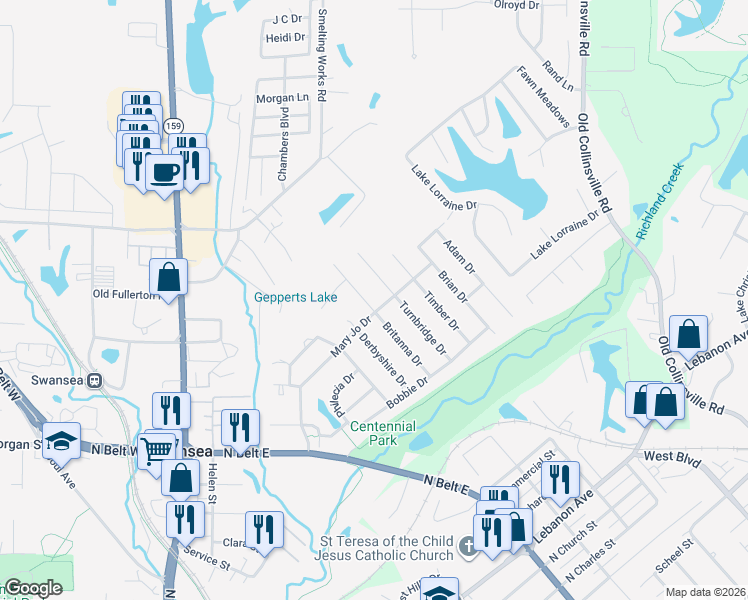 map of restaurants, bars, coffee shops, grocery stores, and more near 316 Britanna Drive in Belleville