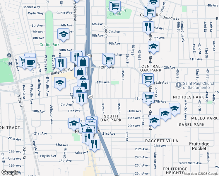 map of restaurants, bars, coffee shops, grocery stores, and more near 3900 33rd Street in Sacramento