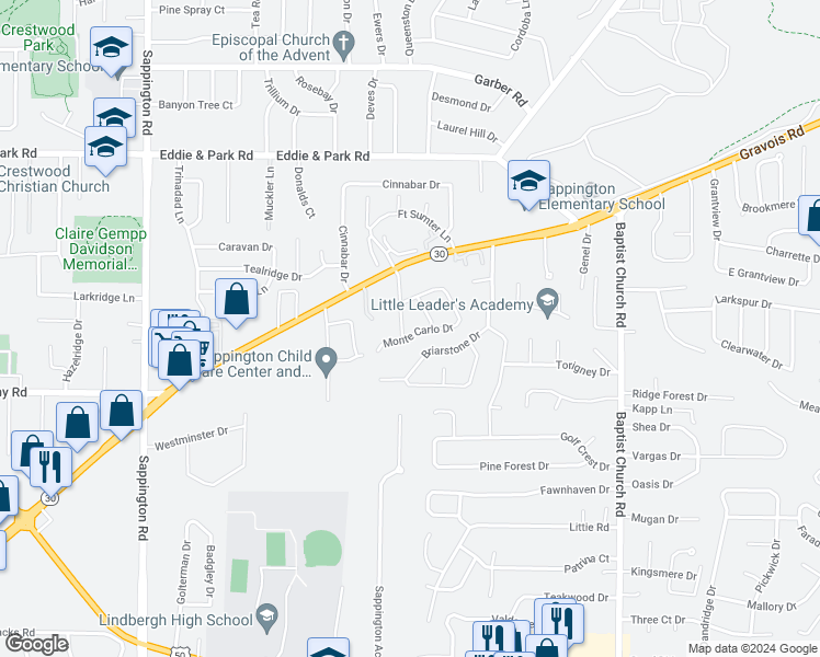 map of restaurants, bars, coffee shops, grocery stores, and more near 9806 San Mario Drive in Sappington