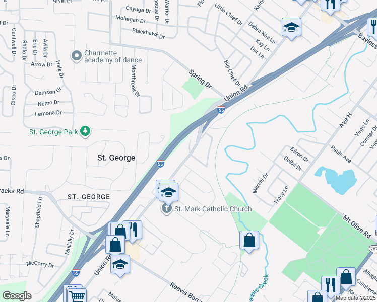 map of restaurants, bars, coffee shops, grocery stores, and more near 1545 Leeshores Lane in St. Louis
