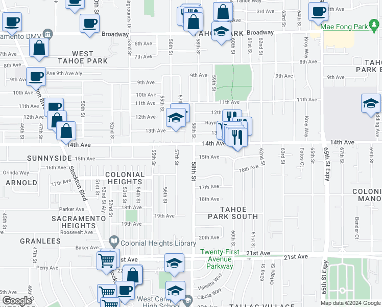 map of restaurants, bars, coffee shops, grocery stores, and more near 3940 58th Street in Sacramento