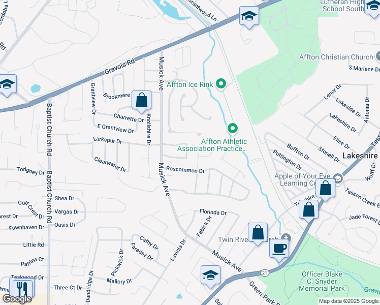 map of restaurants, bars, coffee shops, grocery stores, and more near 10522 Copperfield Drive in St. Louis
