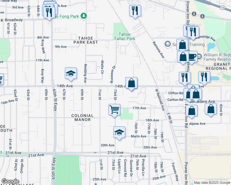 map of restaurants, bars, coffee shops, grocery stores, and more near 3901 73rd Street in Sacramento