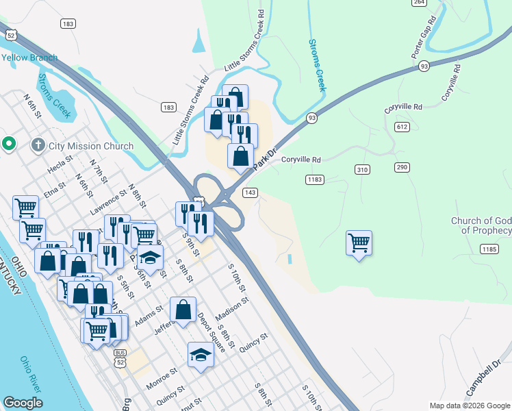 map of restaurants, bars, coffee shops, grocery stores, and more near 191 Township Road 143 in Ironton