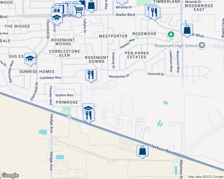 map of restaurants, bars, coffee shops, grocery stores, and more near 9290 Beatty Drive in Sacramento