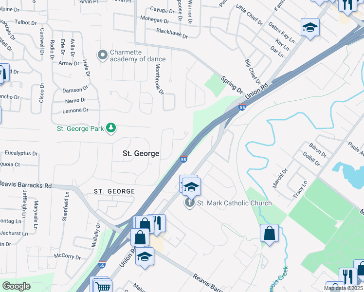 map of restaurants, bars, coffee shops, grocery stores, and more near 8616 Glenmont Court in Affton
