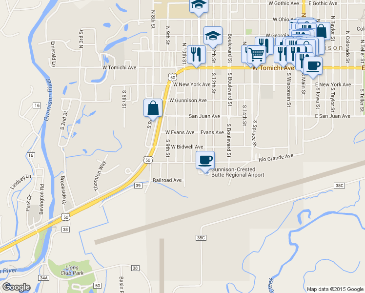 map of restaurants, bars, coffee shops, grocery stores, and more near 910 Bidwell Avenue in Gunnison