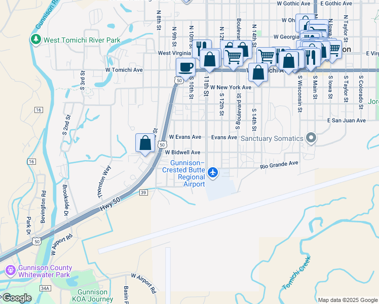 map of restaurants, bars, coffee shops, grocery stores, and more near 910 Bidwell Avenue in Gunnison