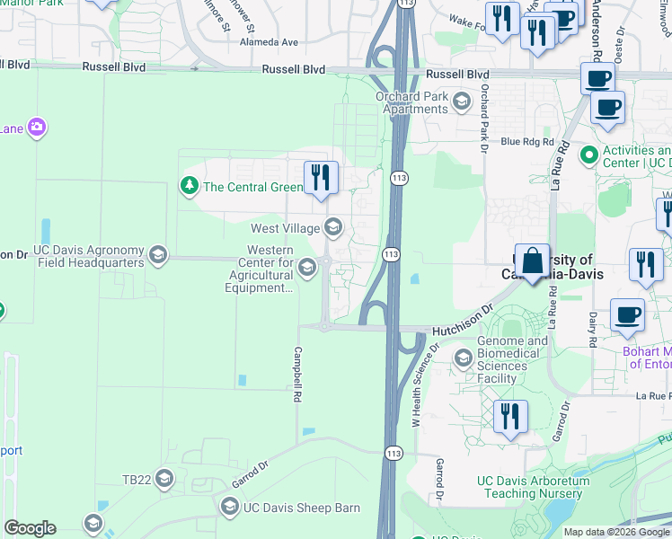 map of restaurants, bars, coffee shops, grocery stores, and more near 1743B Hutchison Drive in Davis
