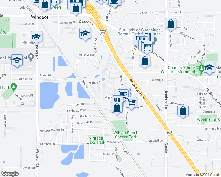 map of restaurants, bars, coffee shops, grocery stores, and more near 1012 Maple Drive in Windsor