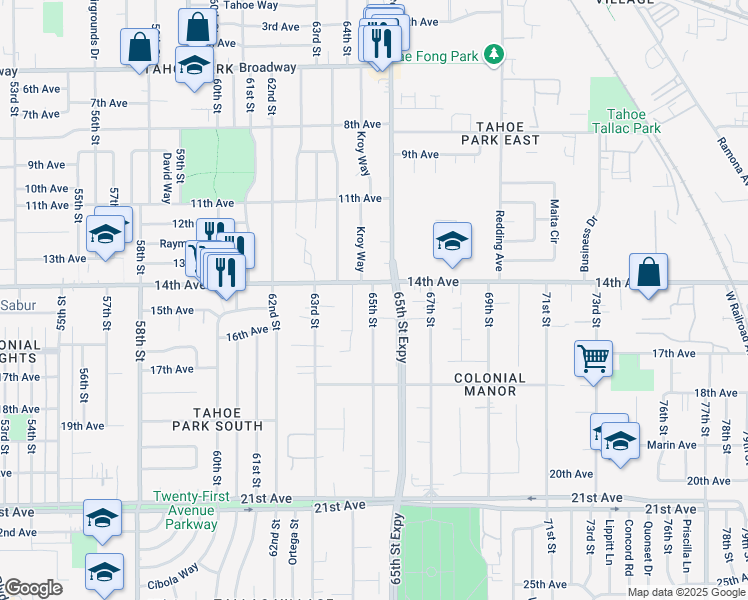 map of restaurants, bars, coffee shops, grocery stores, and more near 6540 14th Avenue in Sacramento