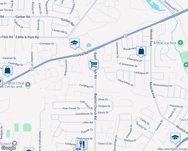 map of restaurants, bars, coffee shops, grocery stores, and more near 9903 Baptist Church Road in St. Louis