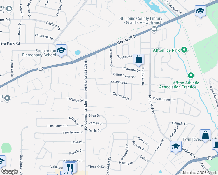map of restaurants, bars, coffee shops, grocery stores, and more near 10905 Larkspur Drive in St. Louis