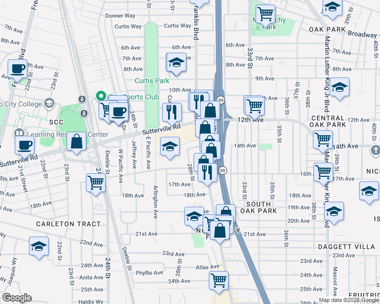 map of restaurants, bars, coffee shops, grocery stores, and more near 3937 28th Street in Sacramento