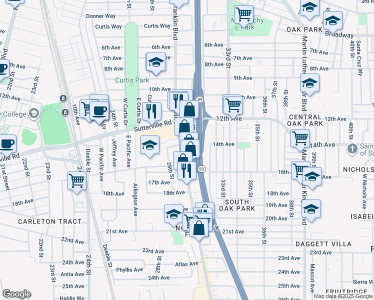 map of restaurants, bars, coffee shops, grocery stores, and more near 3927 Franklin Boulevard in Sacramento