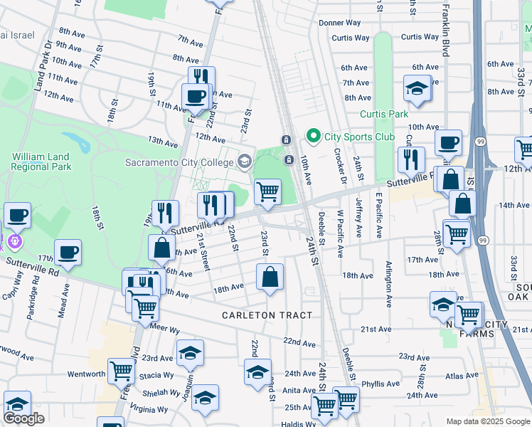 map of restaurants, bars, coffee shops, grocery stores, and more near 3835 Freeport Boulevard in Sacramento