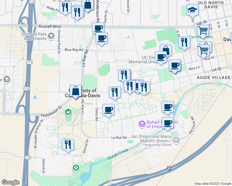 map of restaurants, bars, coffee shops, grocery stores, and more near 605 Hutchison Drive in Davis