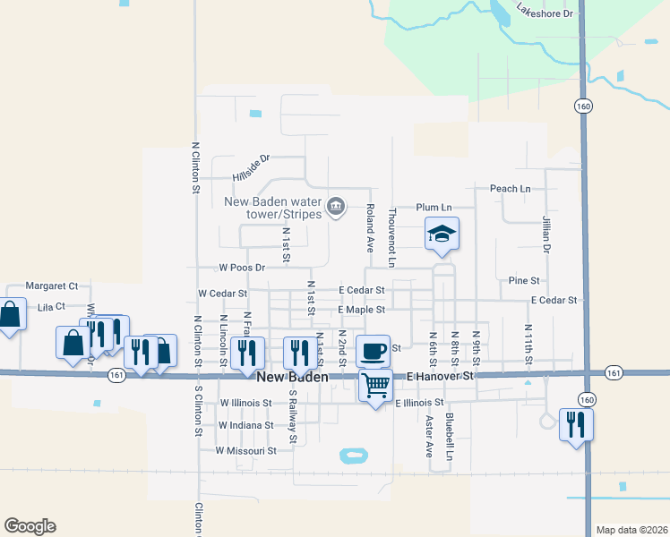 map of restaurants, bars, coffee shops, grocery stores, and more near 119 East Poos Drive in New Baden