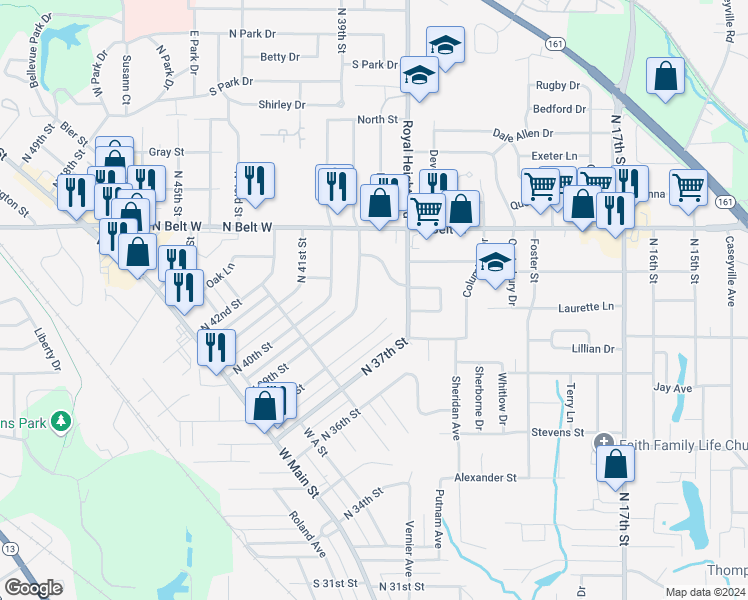 map of restaurants, bars, coffee shops, grocery stores, and more near 3704 Little Flower Lane in Belleville