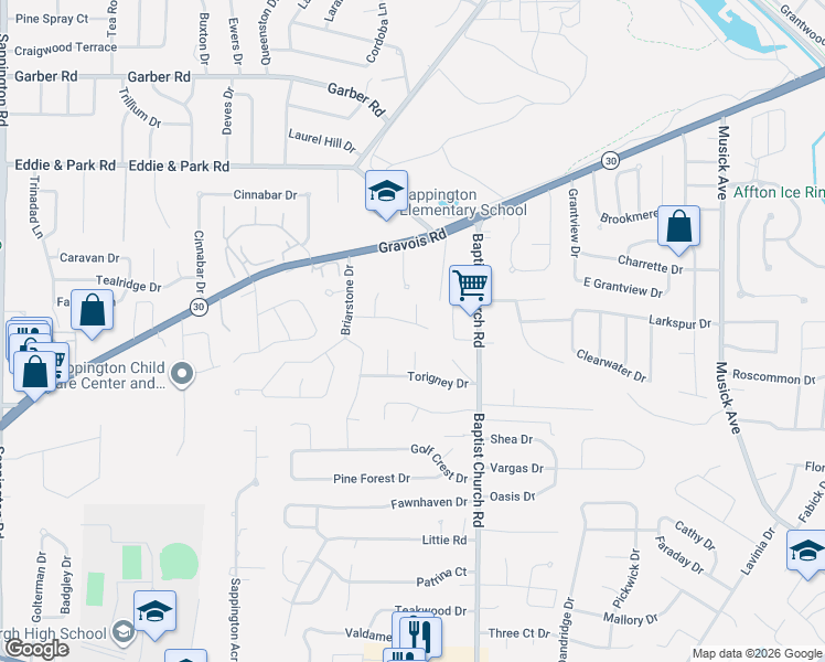 map of restaurants, bars, coffee shops, grocery stores, and more near 11047 Wylestone Court in Sappington