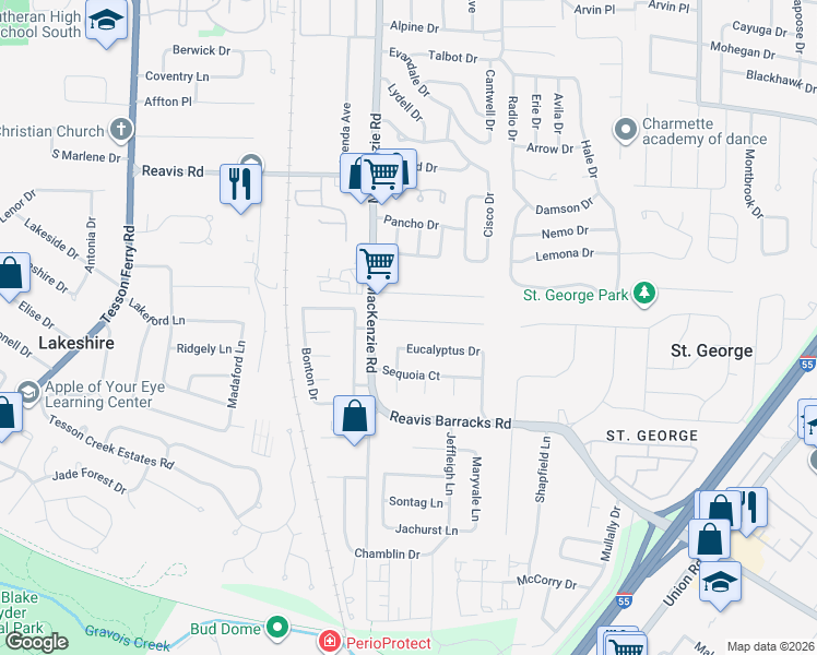 map of restaurants, bars, coffee shops, grocery stores, and more near 9535 Koerber Lane in Affton