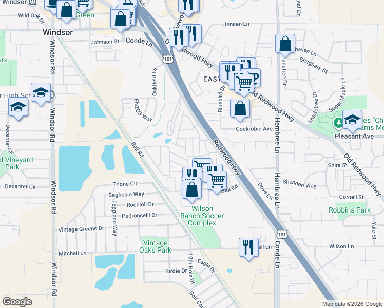 map of restaurants, bars, coffee shops, grocery stores, and more near 8155 Birch Street in Windsor