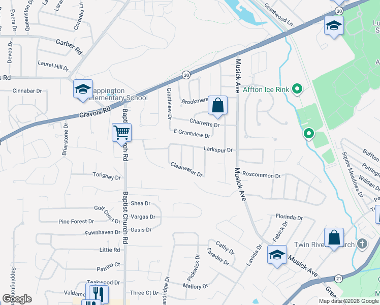 map of restaurants, bars, coffee shops, grocery stores, and more near 10712 Larkspur Drive in St. Louis
