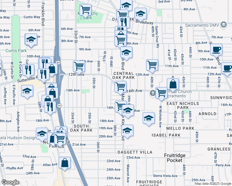 map of restaurants, bars, coffee shops, grocery stores, and more near 3840 14th Avenue in Sacramento