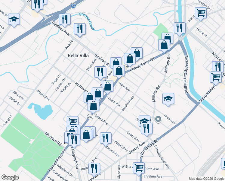 map of restaurants, bars, coffee shops, grocery stores, and more near 732 Lemay Ferry Road in St. Louis