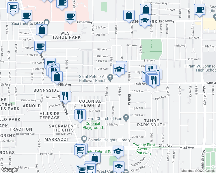 map of restaurants, bars, coffee shops, grocery stores, and more near 5452 14th Ave in Sacramento