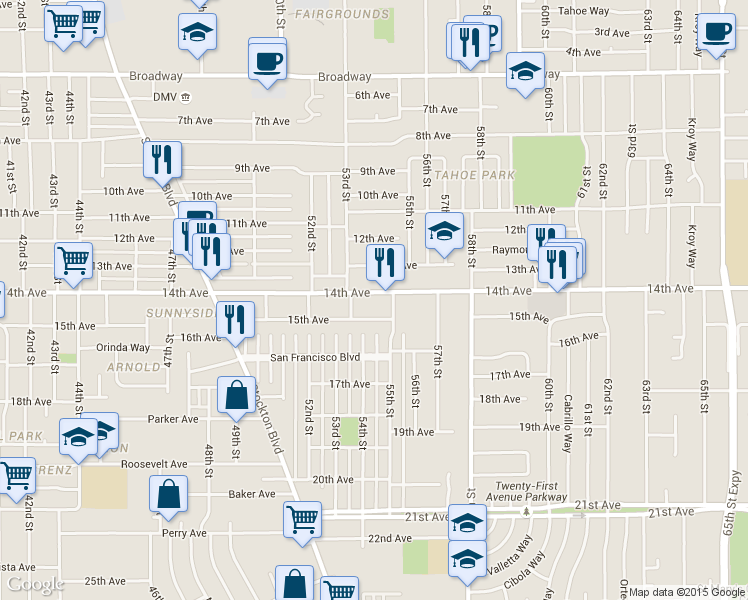 map of restaurants, bars, coffee shops, grocery stores, and more near 5349 14th Avenue in Sacramento