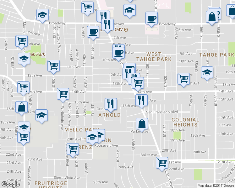 map of restaurants, bars, coffee shops, grocery stores, and more near 4628 14th Avenue in Sacramento