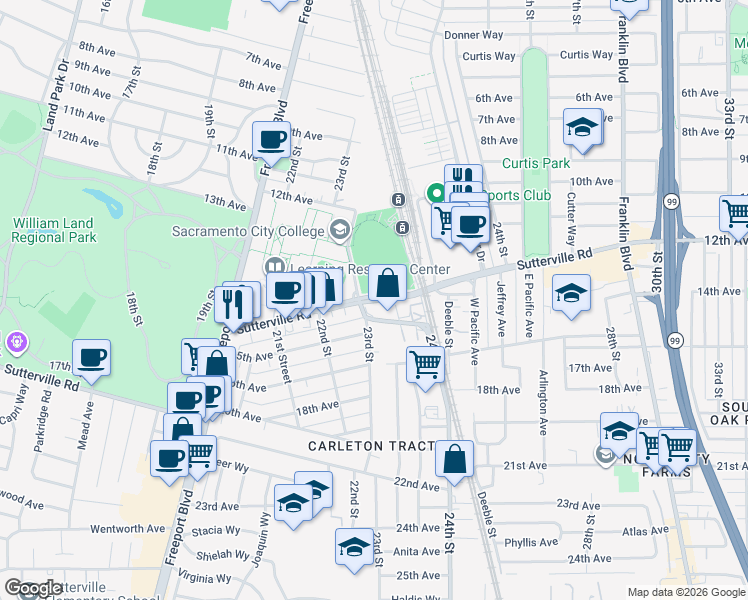 map of restaurants, bars, coffee shops, grocery stores, and more near 3835 Freeport Boulevard in Sacramento