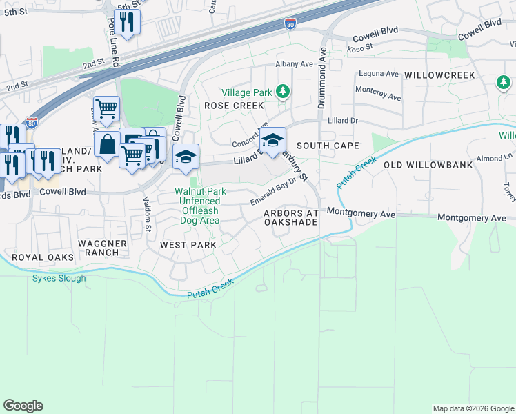 map of restaurants, bars, coffee shops, grocery stores, and more near 2715 Emerald Bay Drive in Davis
