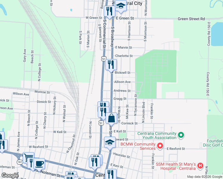 map of restaurants, bars, coffee shops, grocery stores, and more near 1310 North Elm Street in Centralia