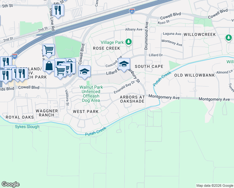 map of restaurants, bars, coffee shops, grocery stores, and more near 2715 Emerald Bay Drive in Davis