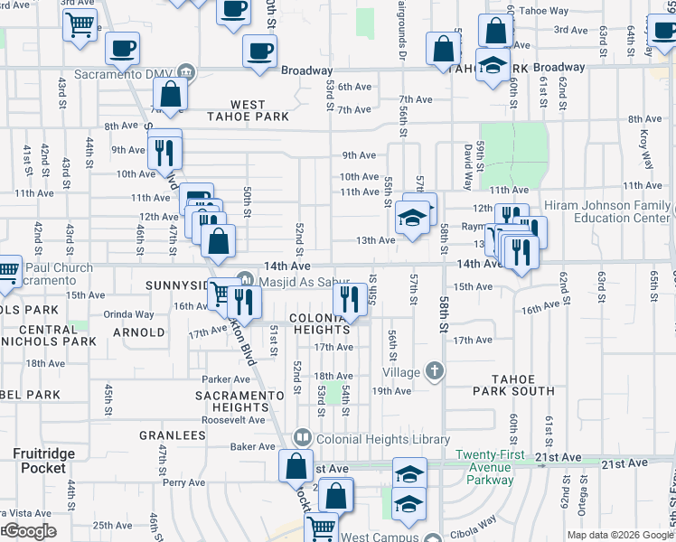 map of restaurants, bars, coffee shops, grocery stores, and more near 5349 14th Avenue in Sacramento